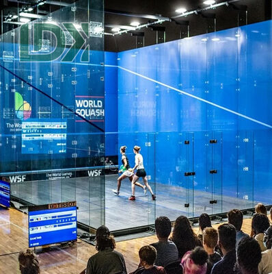 Panoramic AllGlass Squash Court Blus Glass Wall Squash Venue High Visibility Squash With Support Lighting System